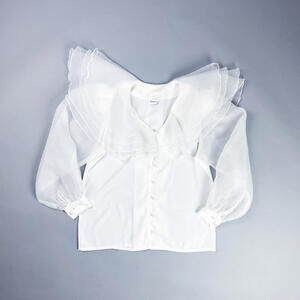 vintage White Sheer Organza Ruffle Collar Blouse with Button Front